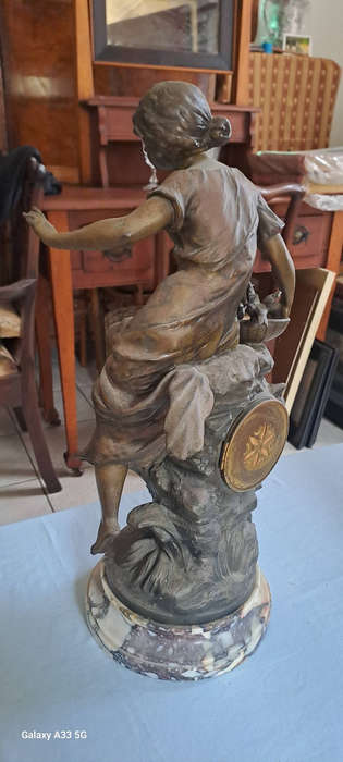 Louis & François Moreau, 'Premier Fruit', patinated spelter clock, H 52 cm