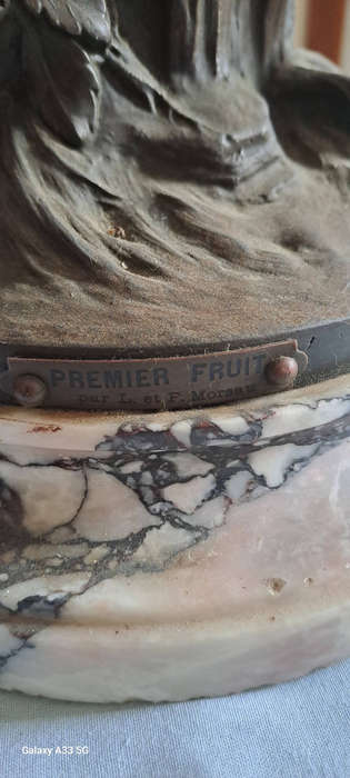 Louis & François Moreau, 'Premier Fruit', patinated spelter clock, H 52 cm