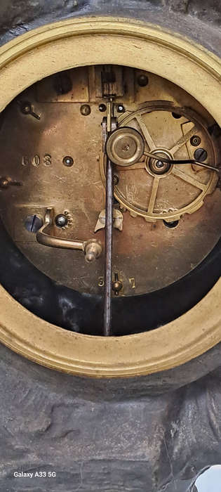 Louis & François Moreau, 'Premier Fruit', patinated spelter clock, H 52 cm