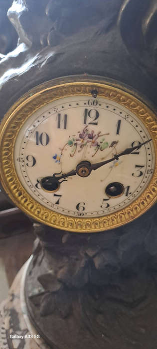 Louis & François Moreau, 'Premier Fruit', patinated spelter clock, H 52 cm