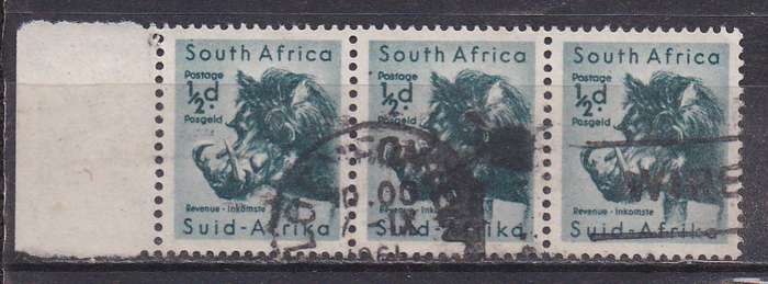 Union of SA 1959-61 definitive issue 1/2d strip of 3, FU