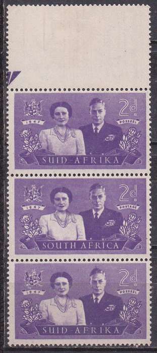 Union of SA 1947 Royal visit 2d vertical strip of 3 with half arrow top margin MM