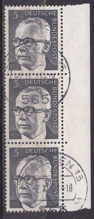 Germany 1970 president Gustav Heinemann 5pf marginal vertical strip of 3 FU