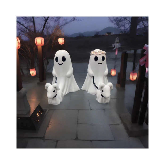 Ghost Walking Dog Couple Statues