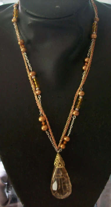 Pearl and Swarovski Crystal Necklace, Resin Drop Pendant