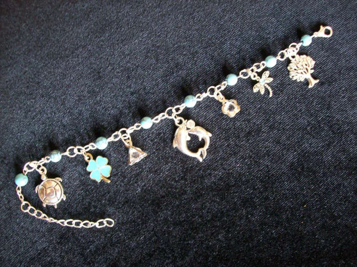 Turquoise Gemstone Charm Bracelet - Dolphin Charm