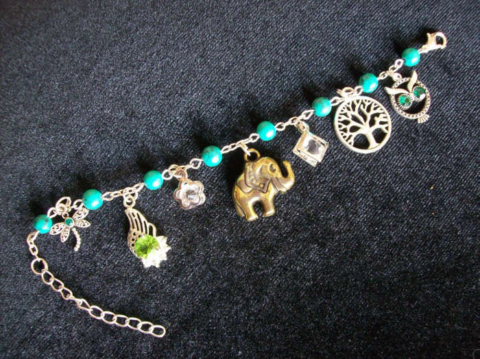 Green Turquoise Charm Bracelet - Elephant Charm