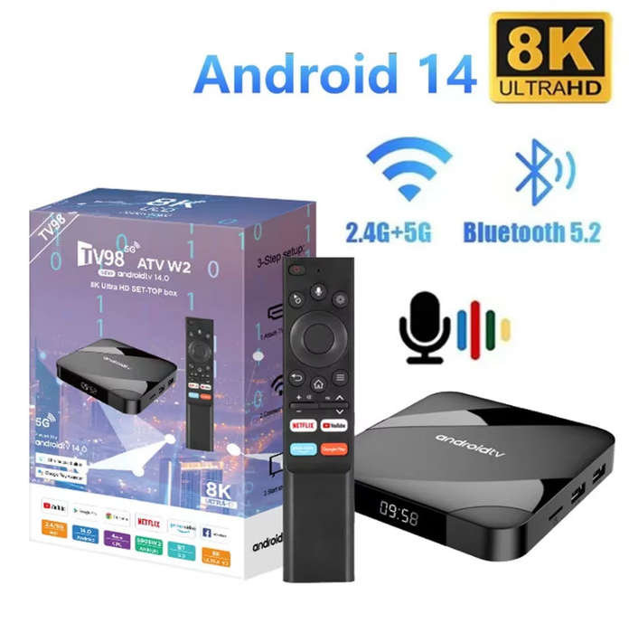 Latest Gen Android 14 8K TV98 w2 with 2GB Ram TV Box & ATV OS,  S905W2 Cpu Dual Band WiFi, BT5.2