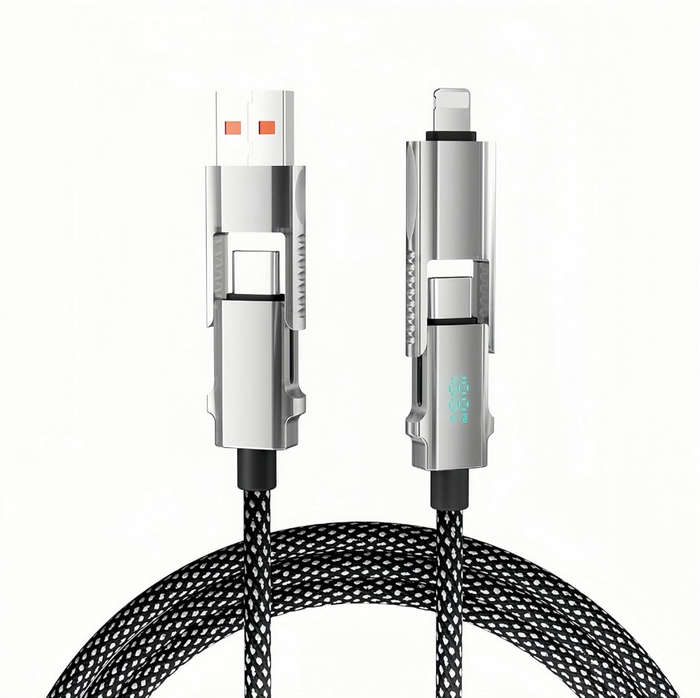 4 in 1  With LED Display Multi Charger Cable, 65W Dual USB C/USB A/Lightning Fast Charging Cable