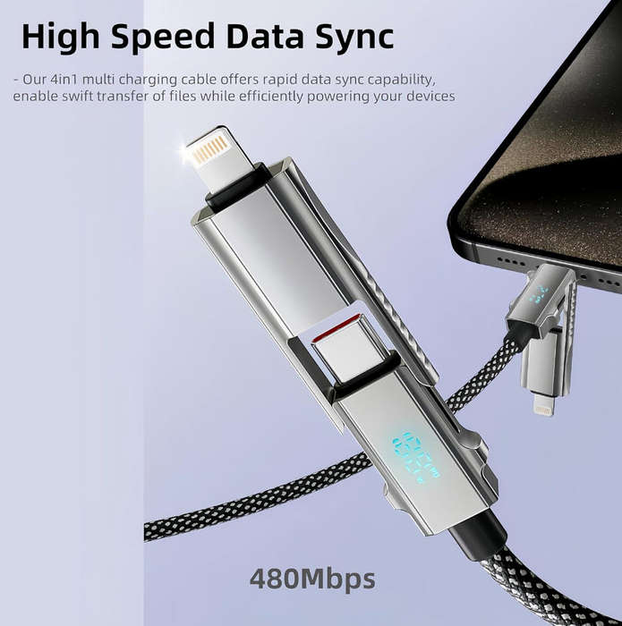 4 in 1  With LED Display Multi Charger Cable, 65W Dual USB C/USB A/Lightning Fast Charging Cable