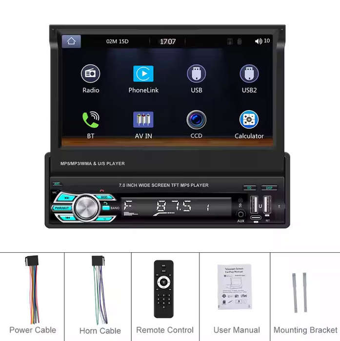 Podofo 1 Din 7" Retractable Flip Screen Car Radio Stereo with Wireless Carplay MP5 Player BT 5.1