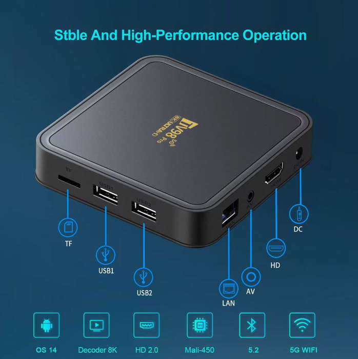 Android 14 8K TV98 with 2GB Ram TV Box & ATV OS, H313 Cpu Dual Band WiFi, BT5.2