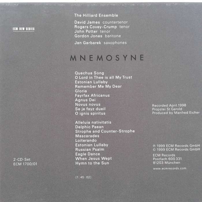 Jan Garbarek / The Hilliard Ensemble - Mnemosyne [2 CD] (ECM - Contemporary/Renaissance)