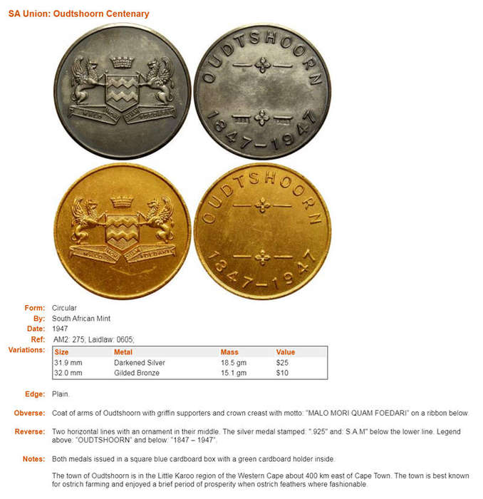Oudtshoorn Centenary 1847-1947 Boxed Silver and Bronze Commemorative Medals