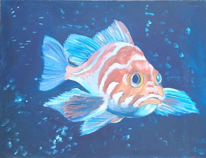 Unframed Painting of Fish on Canvas Panel
