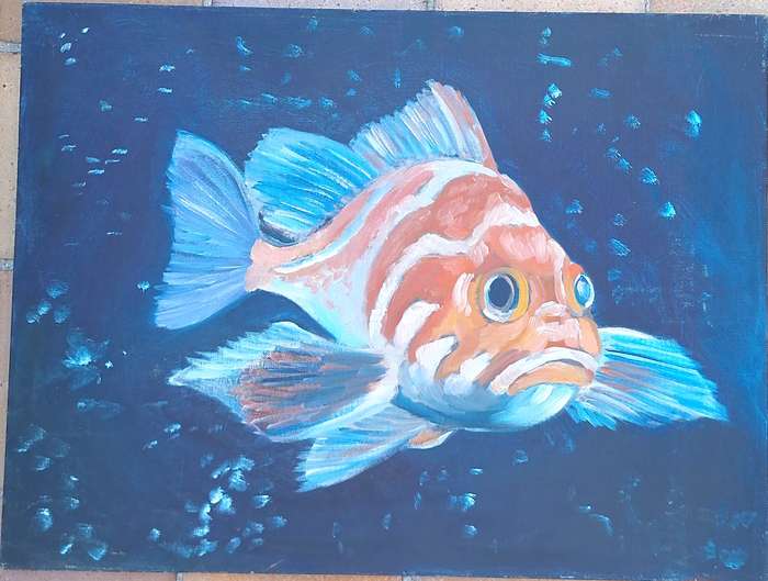 Unframed Painting of Fish on Canvas Panel