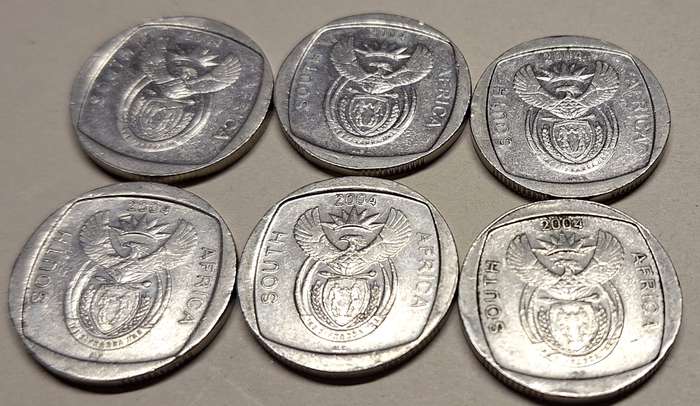 South Africa 2004 6 x R2 10 Years of Freedom Nickel plated copper