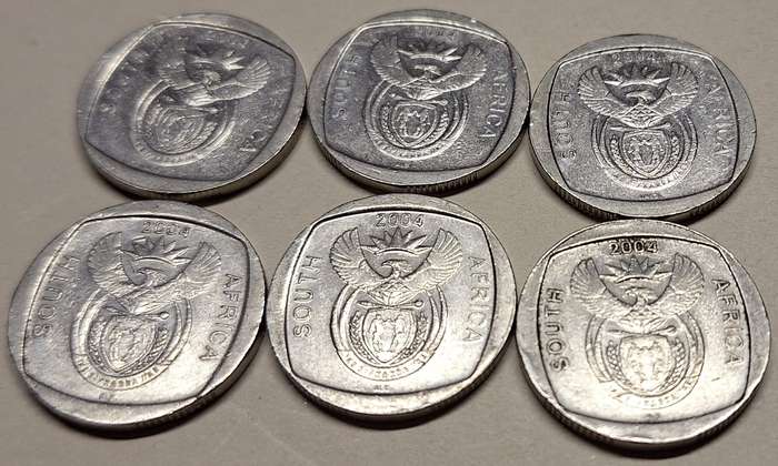 South Africa 2004 6 x R2 10 Years of Freedom Nickel plated copper