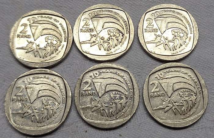South Africa 2004 6 x R2 10 Years of Freedom Nickel plated copper