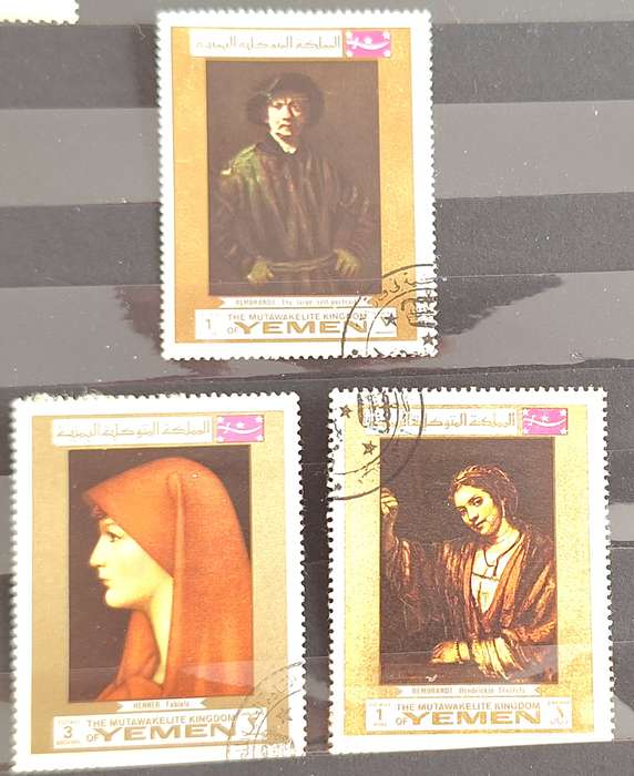 Yemen 1969 Paintings by Rembrandt 2 Used Hinged stamps and Stt Fabiola by Jean Jacques Henner 1 Used