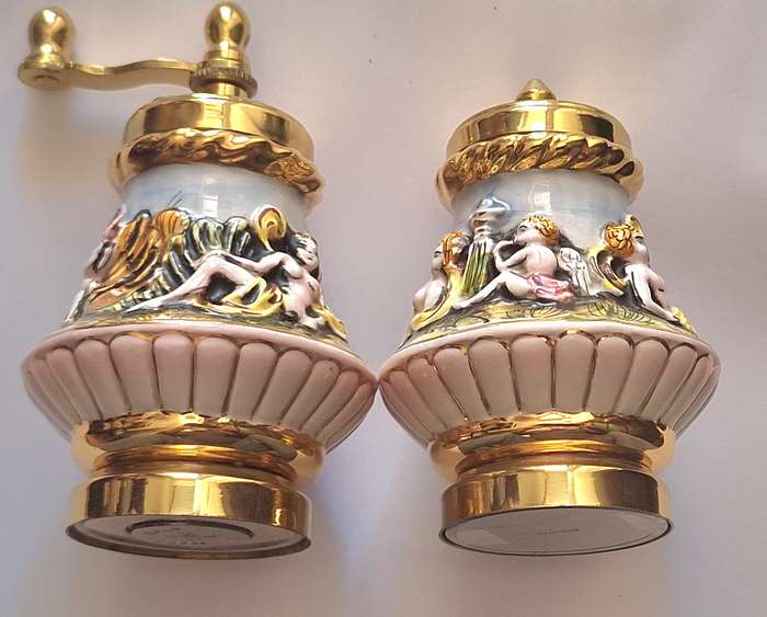 Vintage Capodimonte Salt Shaker & Pepper Mill High Relief Cherubs Made in Italy in original box