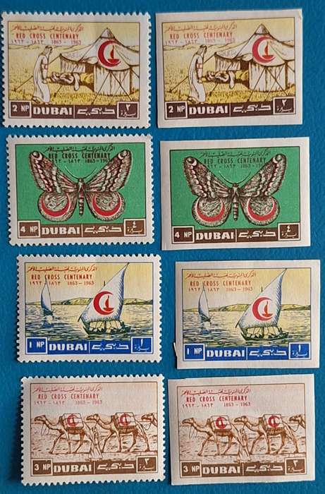 Dubai 1963 Red Cross Centenary  2 Sets Of 4 Unused stamps 1 Perforated and 1 Imperforate
