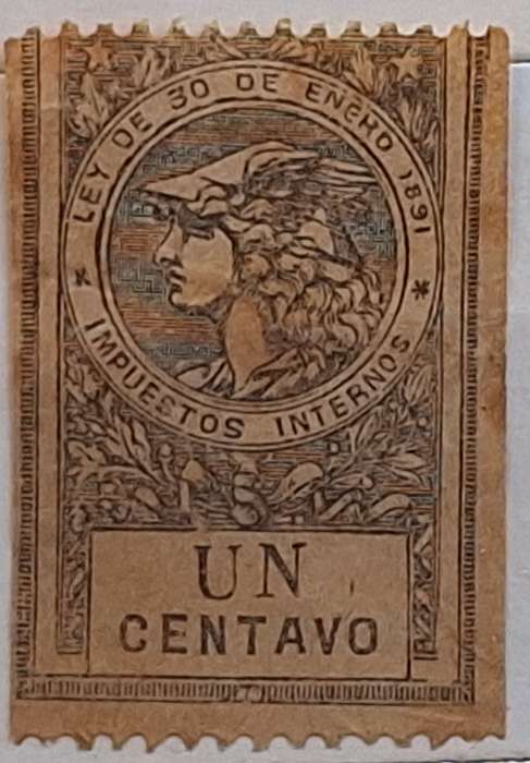 Argentina 1891 General Tax Un Centavo 1 Used stamp Perforated at top and bottom only.