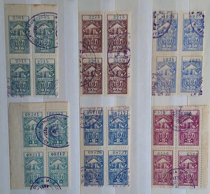 Argentina 1898 Santa Fe Municipal Revenue 6 Blocks of 4 cancelled stamps