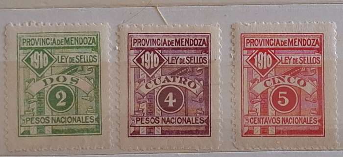 Argentina 1910 Provincia de Mendoza 3 Unused Revenue Stamps