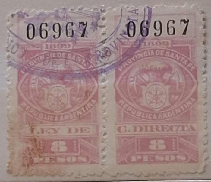 Argentina 1899 Province of Santiago Pair Numbered Used Revenue stamps