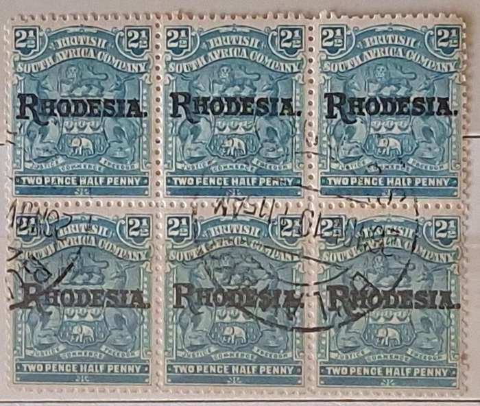 British South Africa Company 1909 2 1/2d Overprinted Rhodesia Block of 6 Used stamps