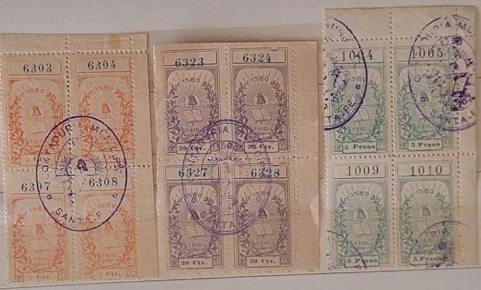 Argentina 1895 Municipality of Santa Fe (in Santa Fe province) 3 Blocks of 4 Used Revenue stamps