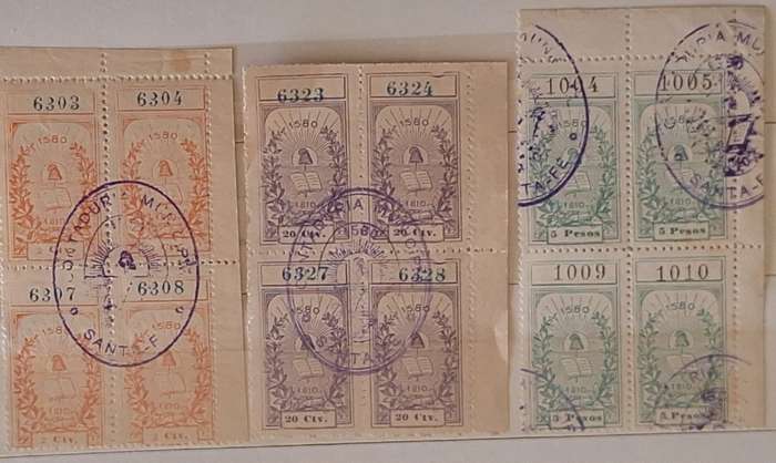 Argentina 1895 Municipality of Santa Fe (in Santa Fe province) 3 Blocks of 4 Used Revenue stamps