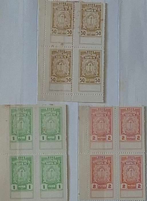Argentina 1914 Santa Fe Municipal Fiscal 3 Blocks of 4 Unused Local Revenue stamps