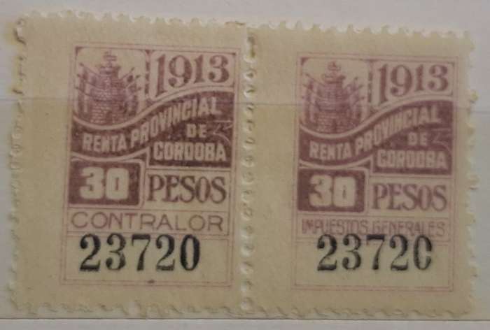 Argentina 1913 Cordoba Provincial General Fiscal Pair Unused Numbered stamps
