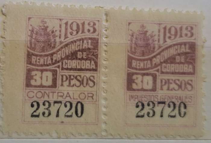 Argentina 1913 Cordoba Provincial General Fiscal Pair Unused Numbered stamps