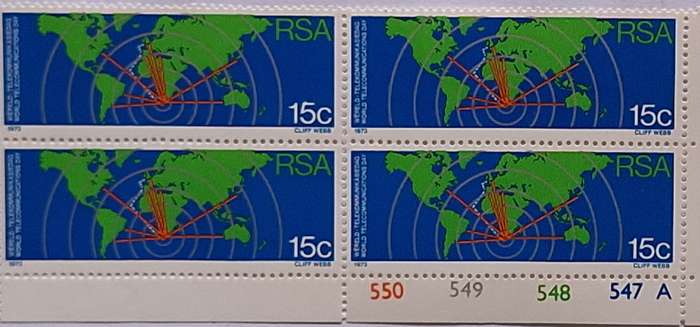 RSA 1973 World Telecommunications Day 15c Mint Control Block of 4 stamps