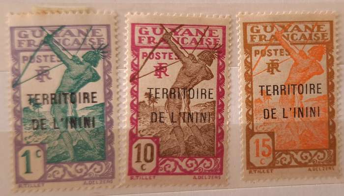 French Guiana 1932 Carib Archer Overprint Territoire de l'Inini 3 Unused Hinged stamps
