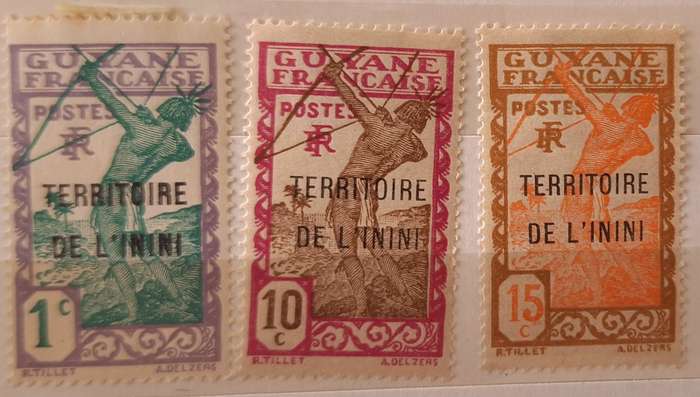 French Guiana 1932 Carib Archer Overprint Territoire de l'Inini 3 Unused Hinged stamps