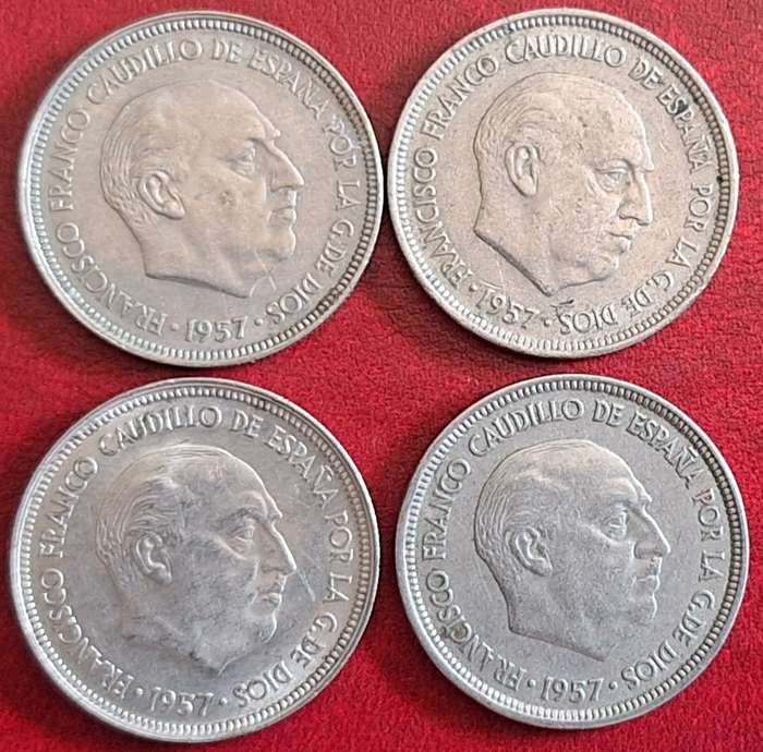 Spain 1957 Francisco Franco 4x 5 Pesetas Copper-nickel (2x58 1x64 1x68)