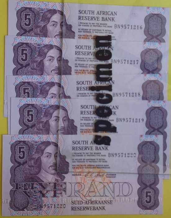 South African Reserve Bank 5 x R5 BN9571216-17-18-19-20