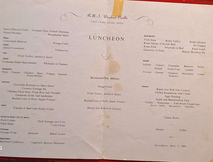Union-Castle Safmarine RMS Windsor Castle First Class Luncheon Menu 1969