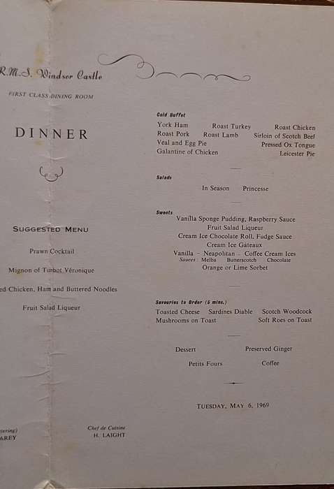 Union-Castle Safmarine RMS Windsor Castle First Class Dinner Menu 1969