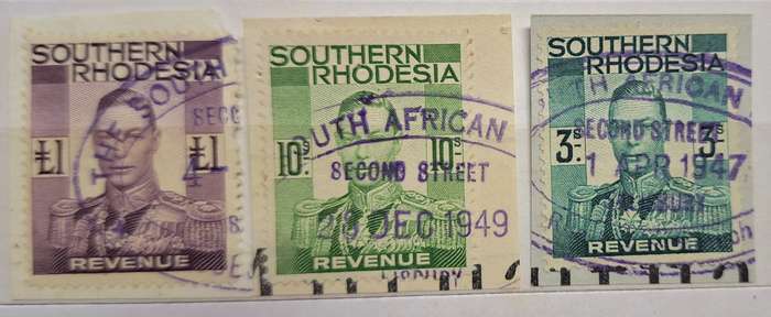 Southern Rhodesia 1937 George VI 3 Used Revenue Stamps on Paper 3S 10S £1