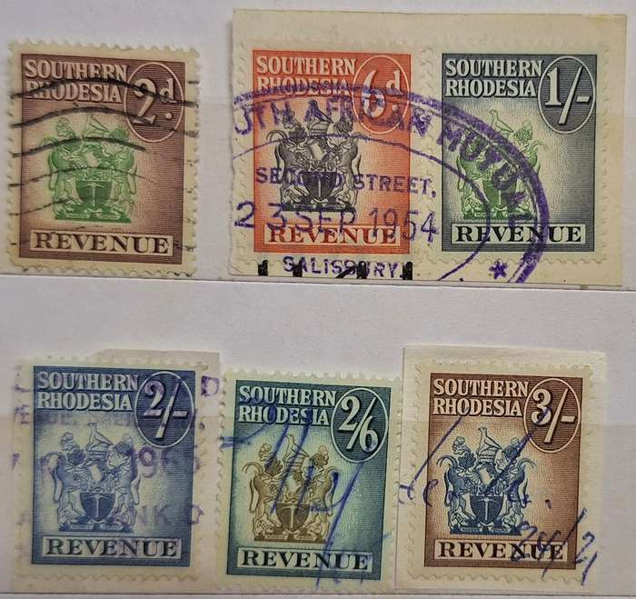 Southern Rhodesia 1954 Coat of Arms Revenue 6 Used stamps on Paper 2d 6d 2/- 2/6 3/-
