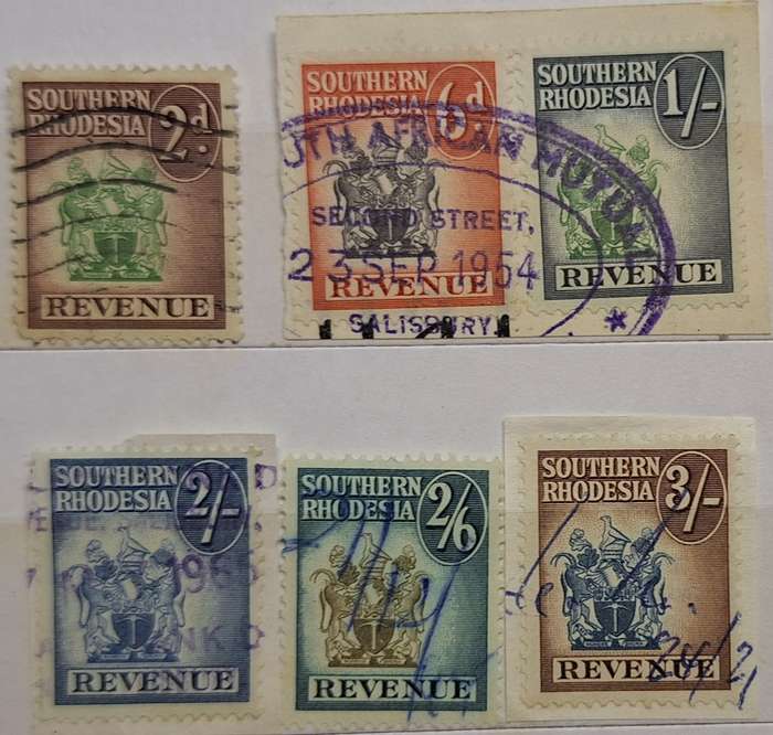 Southern Rhodesia 1954 Coat of Arms Revenue 6 Used stamps on Paper 2d 6d 2/- 2/6 3/-