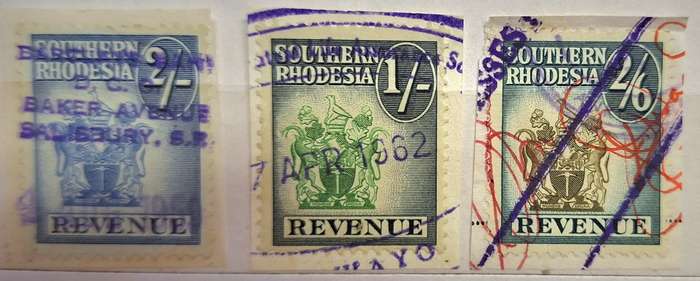 Southern Rhodesia 1954 Coat of Arms Revenue 3 Used stamps on Paper 1/- 2/- 2/6