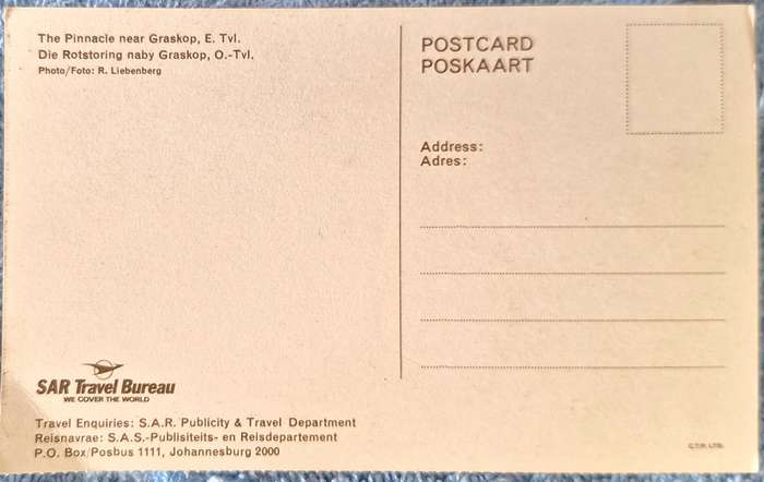 SAR Travel Bureau  Post Card of The Pinnacle near Graskop, E. Tvl.