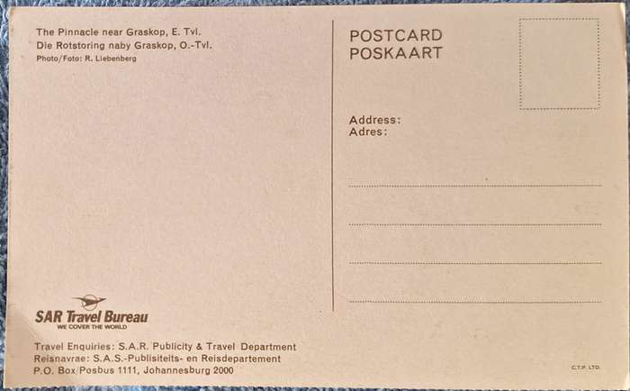 SAR Travel Bureau  Post Card of The Pinnacle near Graskop, E. Tvl.