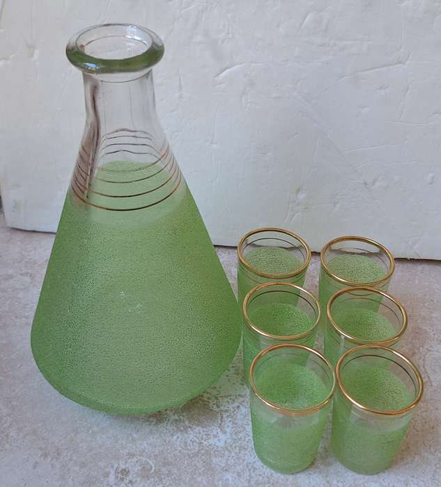 Vintage Glass Carafe with 6 Tot size glasses with gold trim